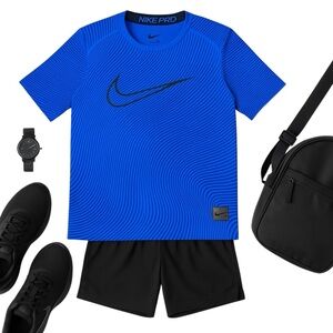 Nike Pro Dri FIT Fitted Training Shirt Mens M Blue Black Optical Graphic in EUC